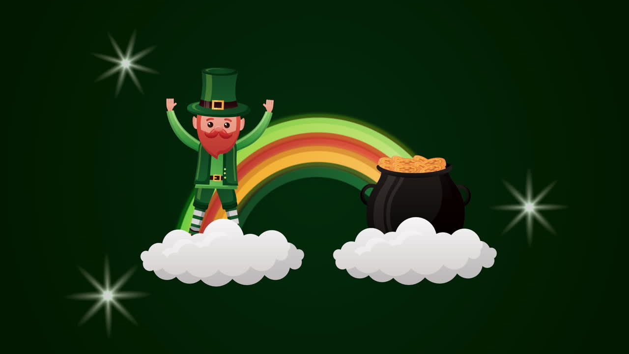 carta animata del giorno di san patrizio con l'elfo e l'arcobaleno