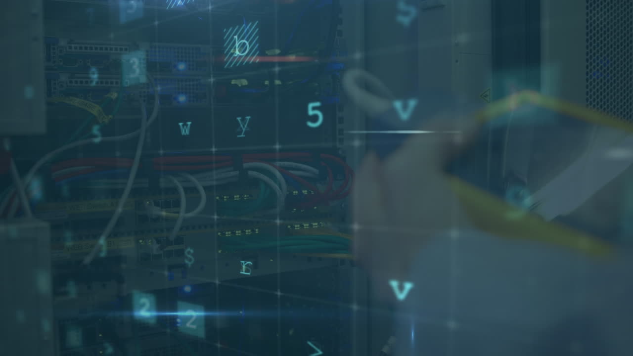 animación de ataque cibernético texto y procesamiento de datos sobre técnico informático masculino caucásico por servidor