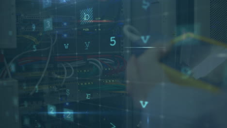 animation of cyber attack text and data processing over caucasian male it technician by server