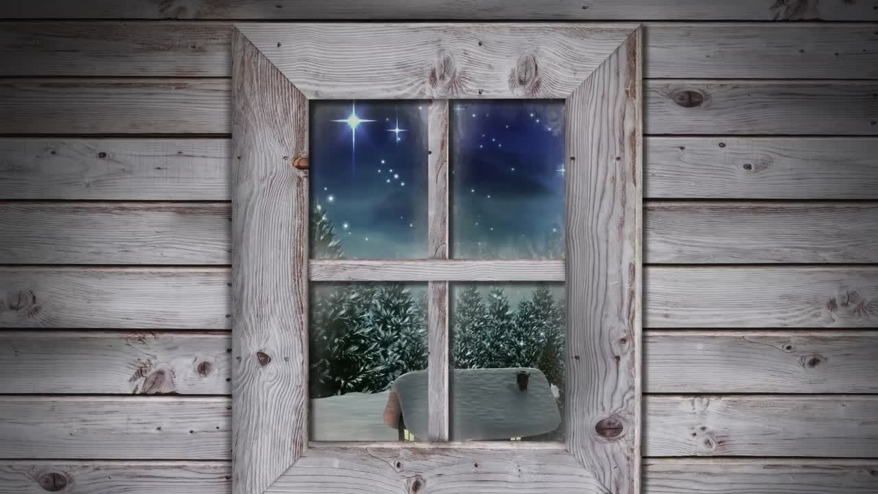 겨울 풍경에 여러 집과 나무 위에 떨어지는 눈송이에 대한 나무 창문 프레임