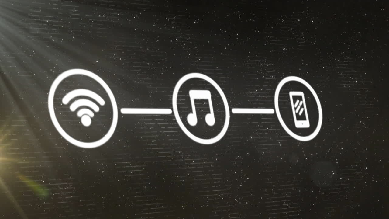 animação de rede com ícones sobre fundo escuro