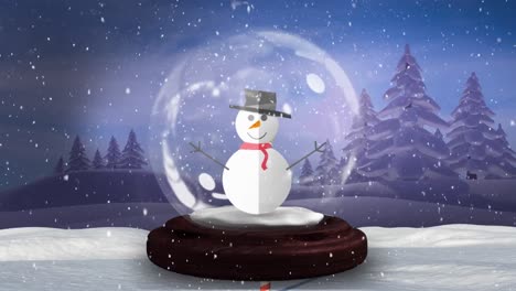 Animation-Von-Schnee,-Der-über-Die-Weihnachtsschneekugel-Mit-Schneemanndekoration-Fällt