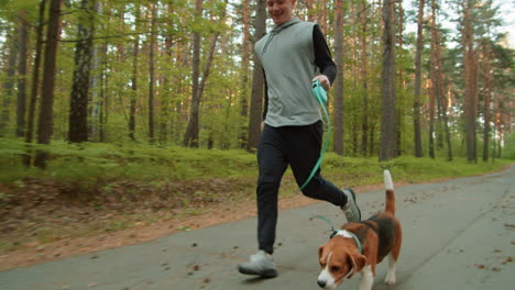 man and beagle dog running in the forest