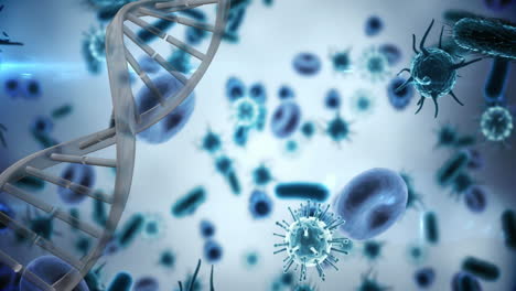 Animation-of-dna-strand-over-virus-cells-on-blue-background