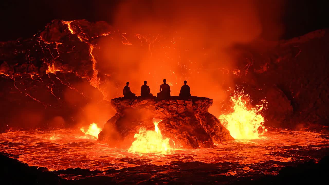 Monks Meditating on Lava Volcano