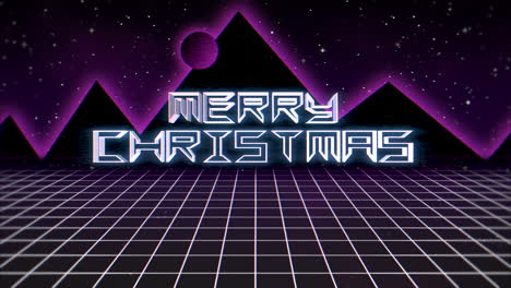 feliz navidad con cuadrícula retro y montaña en la noche al estilo de los años 80