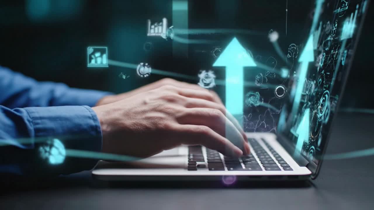 Business Growth Concept with Data Arrows Rising from a Laptop