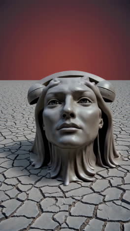 a woman's head with a telephone in a desolate landscape