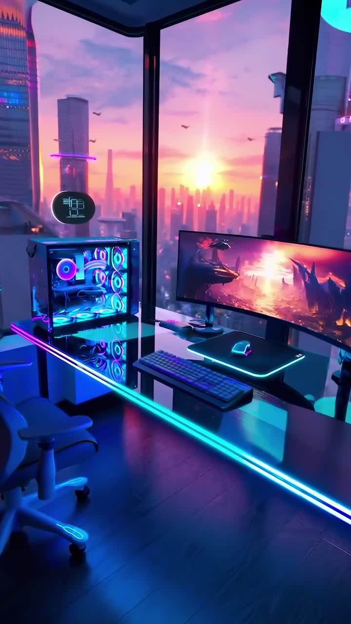 Futuristic gaming setup with neon lights, cityscape view