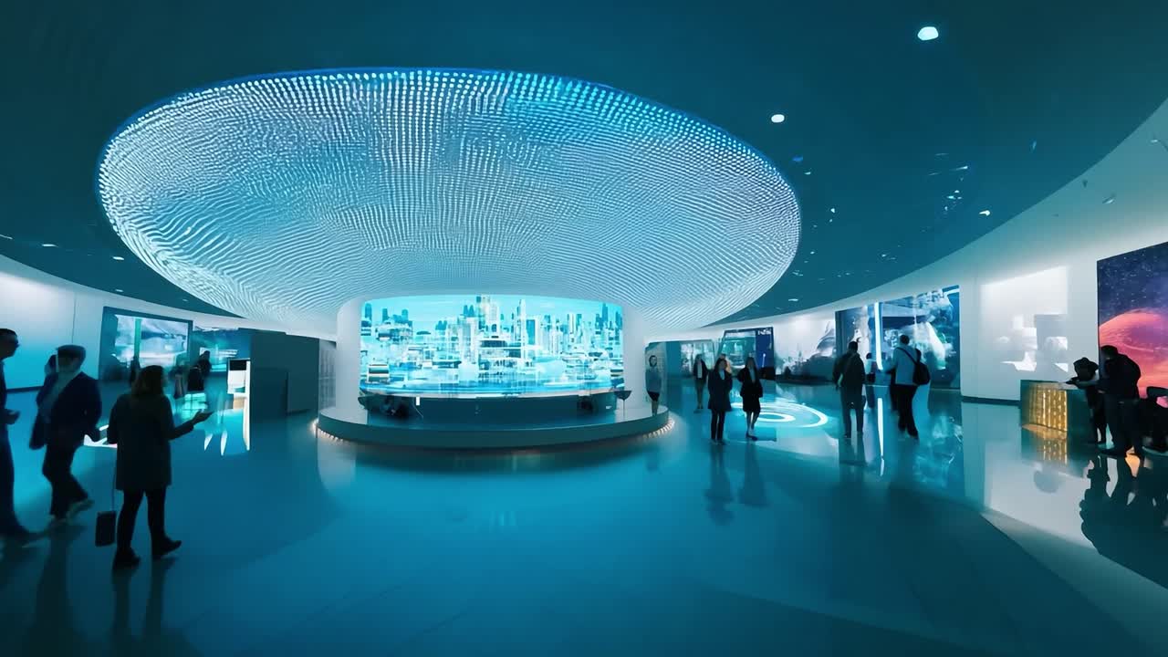 박물관 에서 미래적 인 전시물 을 보는 사람 들