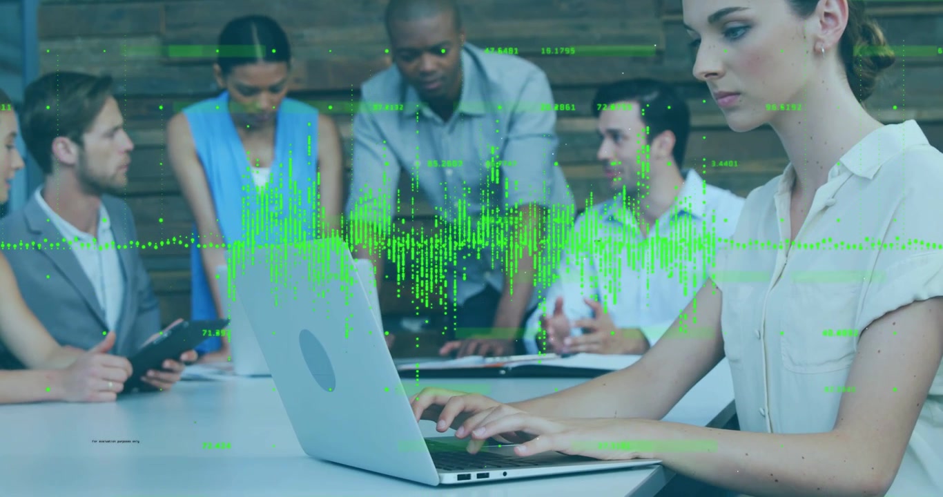 Biz team talking while woman typing on laptop camera panning right green wave showing project audio
