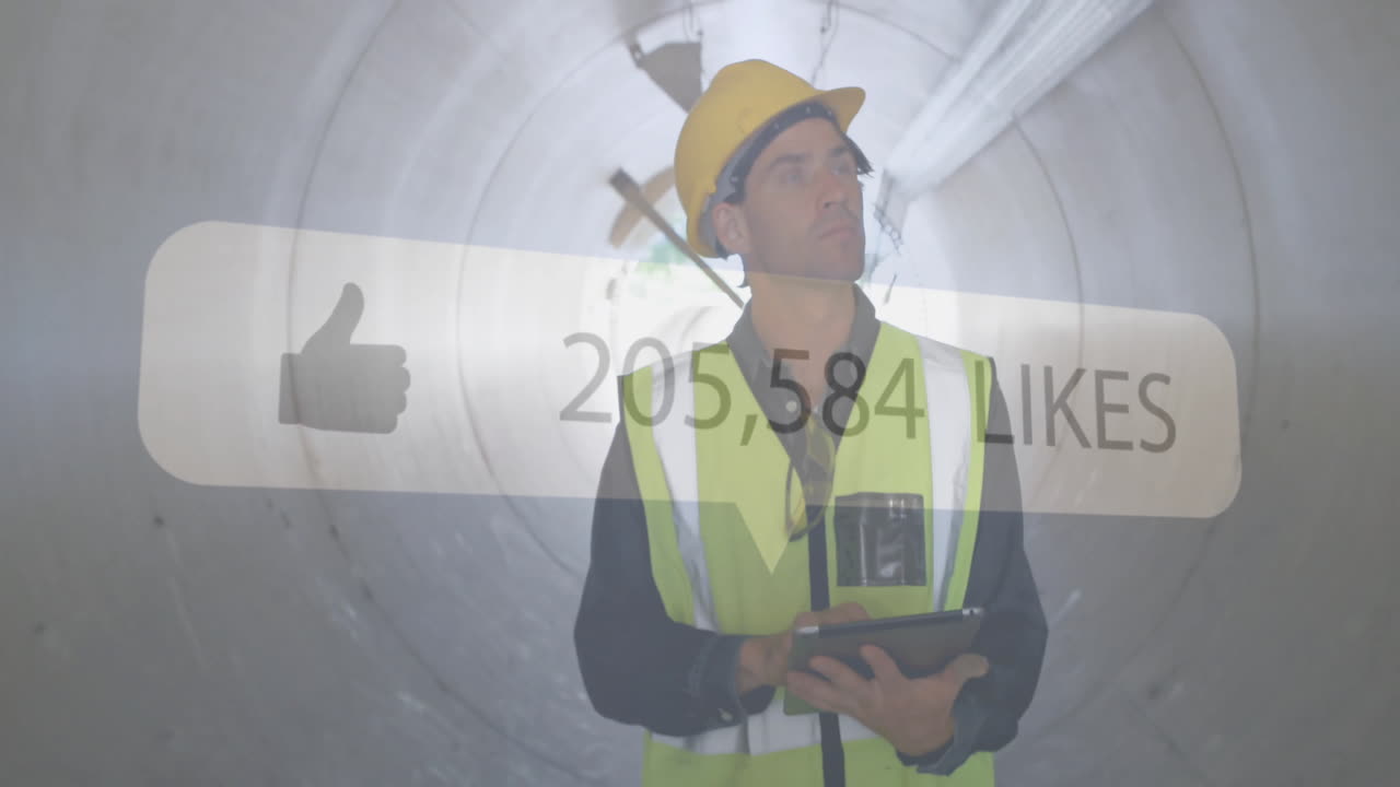 trabajador de la construcción usando tableta, a las redes sociales les gusta la animación sobre el fondo del túnel