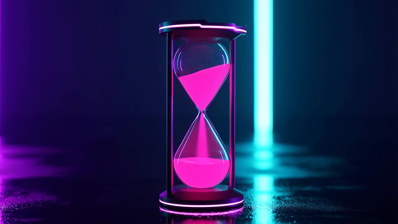 Close-up of modern hourglass with magenta sand steadily moving from upper bulb into lower bulb, forming growing mound below on reflective wet studio floor under cyan and magenta rim lighting