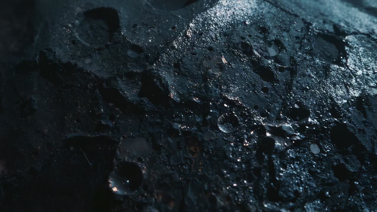Shimmering low-angle light moving across wet cratered rock surface in close-up, with water droplets