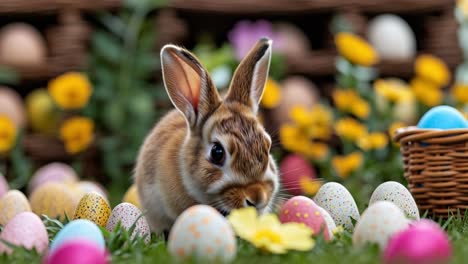 bunny with eggs in garden. a small brown rabbit sits among vibrant eggs and flowers in a sunny garden during springtime festivities.