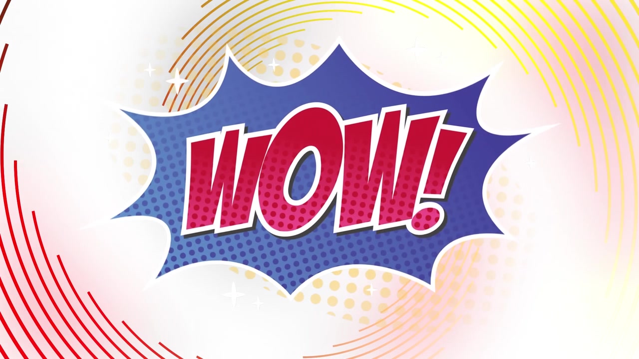 Animazione di testo "wow" su sfondo bianco