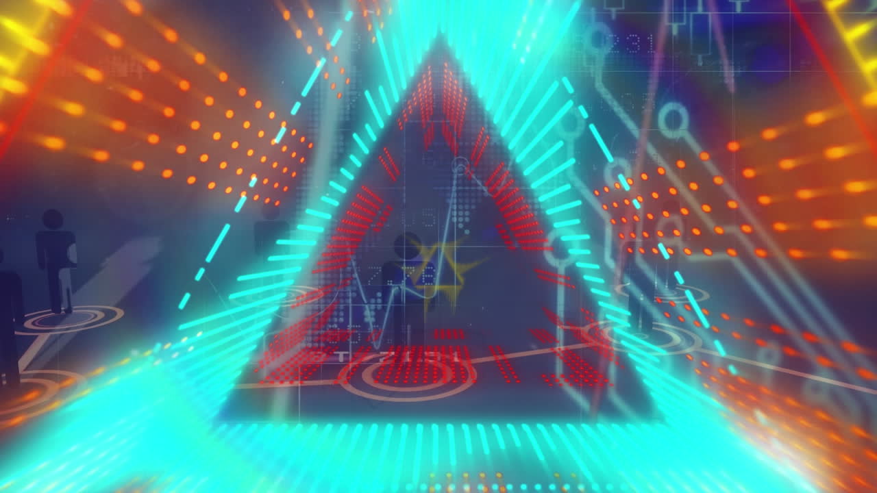 디지털 데이터 처리 및 디지털 인터페이스 및 그리드의 애니메이션이 파란색 배경 위에 있습니다.