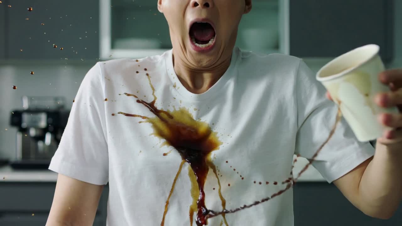 Tilting paper cup, adult Asian male spilling coffee onto white T-shirt in kitchen, recoiling