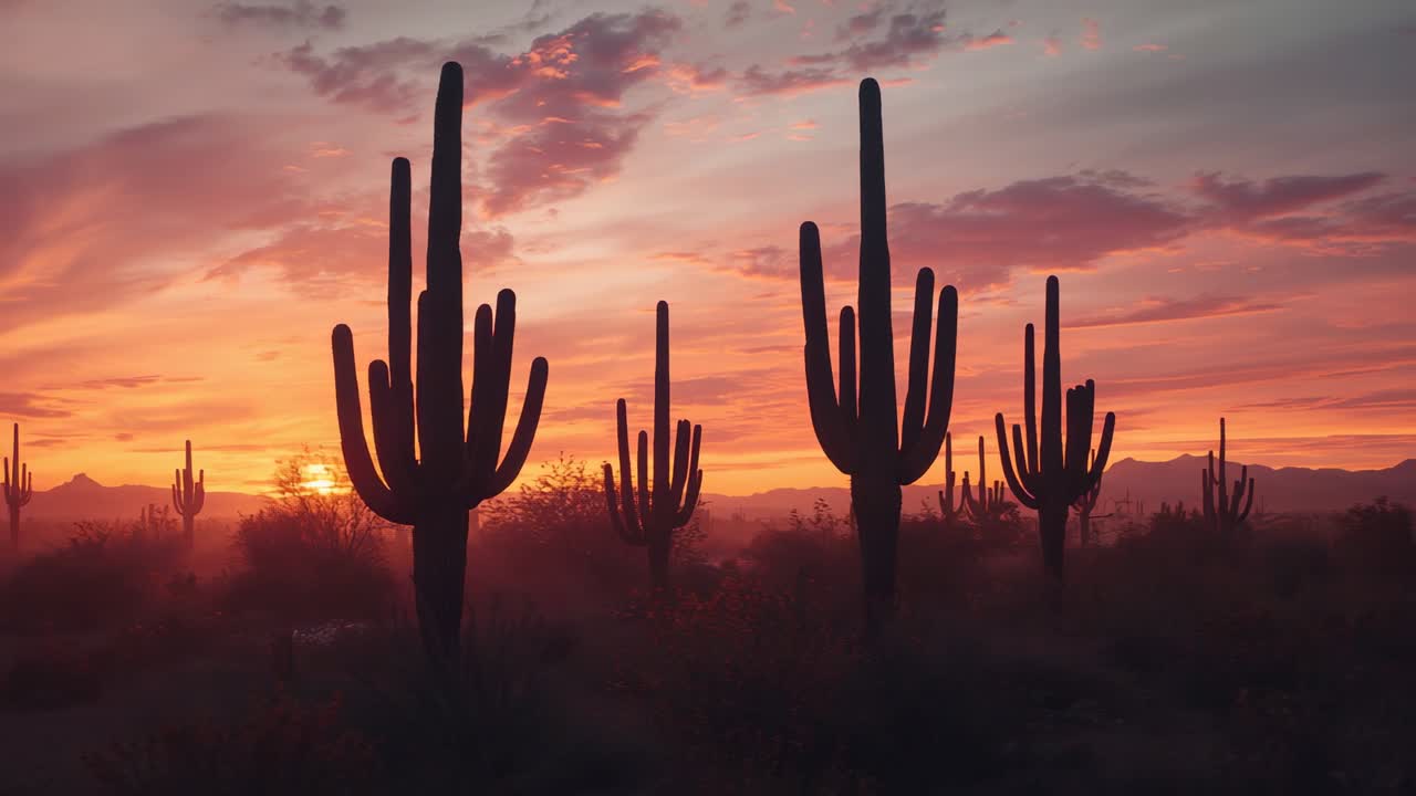 Sun descending behind mountain ridges painting pastel sky over desert with clouds and saguaro cacti