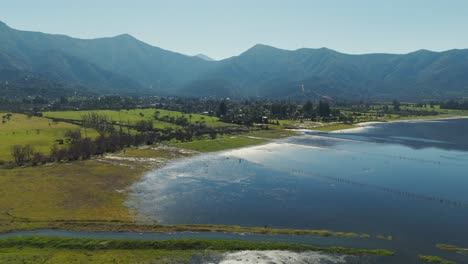 a serene lakeside view featuring tranquil waters, lush greenery, and majestic mountains under a clear sky, showcasing the beauty of nature in this pristine landscape