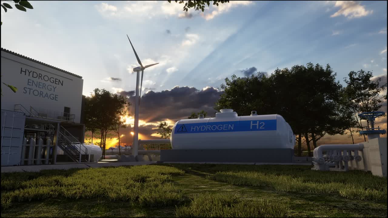 수소 재생 에너지 생산 - 깨한 전기를위한 수소 가스 태양 및 풍력 터빈 시설 3d 렌더링