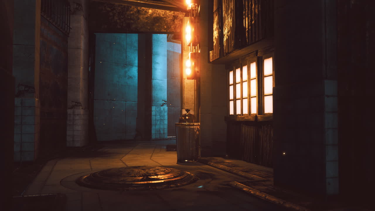 Urban alley with blue lighting and warm fire at night in a quiet setting