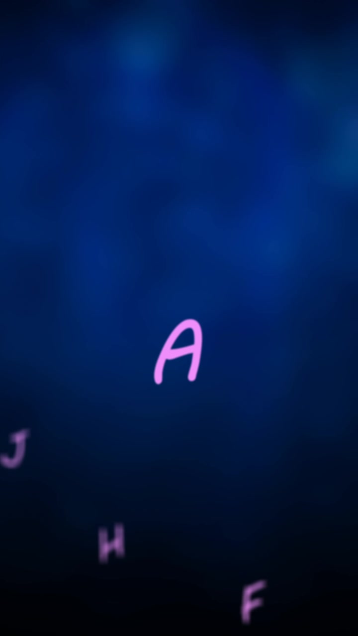 Animazione digitale di lettere viola multiple che fluttuano su uno sfondo blu luminoso.
