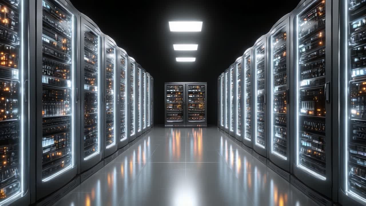 A Stunning View of an Advanced Data Center Featuring Rows of High-Tech Server Racks Illuminated in a Dark, Sophisticated Environment