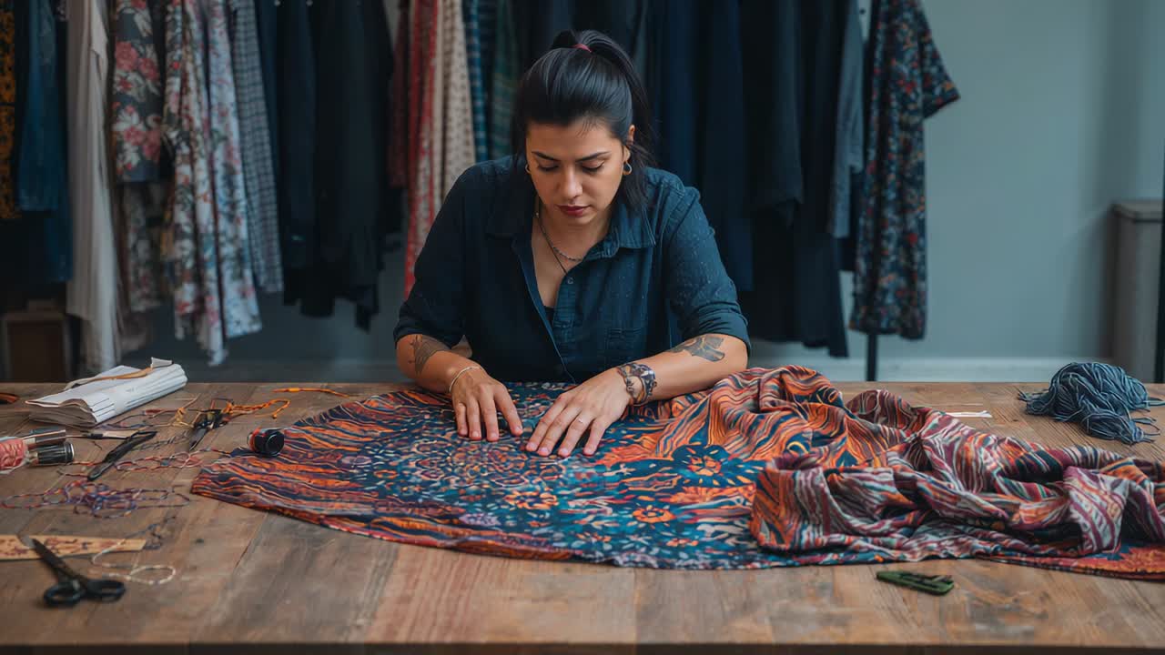 Studying woman in dark shirt leaning at table after spread, smoothing pattern with hands for sewing