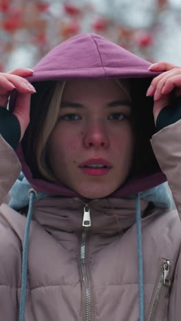 primer plano de una mujer joven ajustando su sudadera con capucha con postura confiada, mirando a la cámara, fondo borroso con árboles y hojas de otoño, moda y vibraciones de invierno