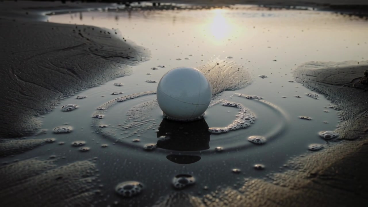 Marea che si ritira spingendo l'acqua attorno a una sfera bianca liscia in una pozza di marea poco profonda