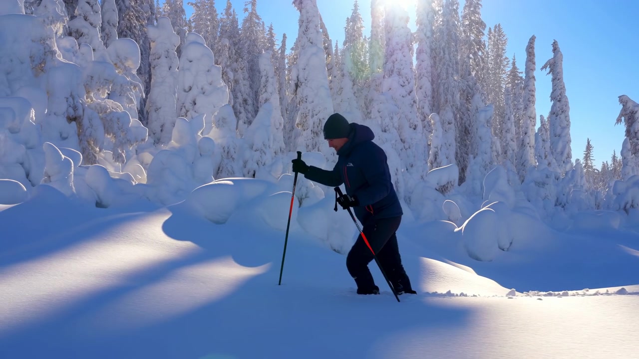 Persona che scia attraverso una foresta innevata con alberi alti e cielo azzurro limpido, vista laterale che segue il movimento dello sciatore, avventura e tranquillità, neve bianca, cielo blu, abbigliamento nero, ricreazione all'aperto