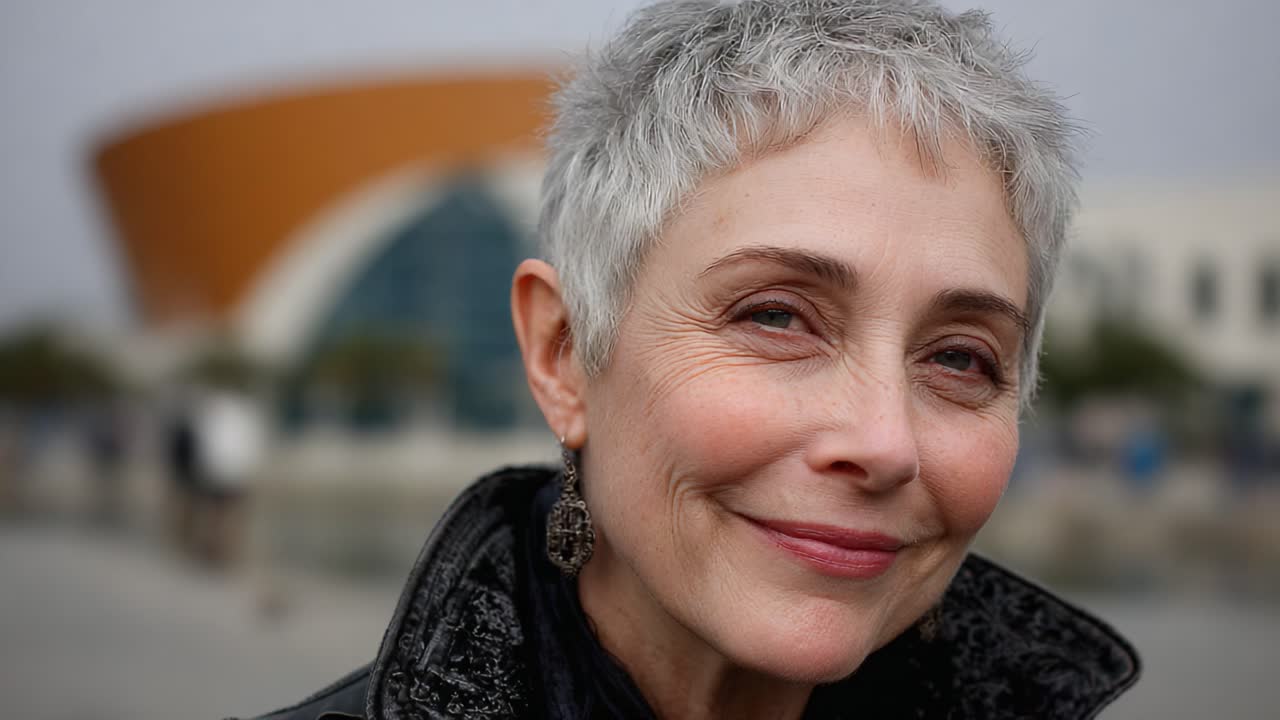 Captivating Portrait of a Mature Woman with Short Grey Hair Smiling Beautifully Against a Modern Architectural Background