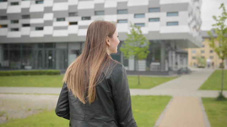 Un ritratto di una giovane ragazza, una studentessa vicino a un college o a un ufficio moderno, che cammina per strada con un.