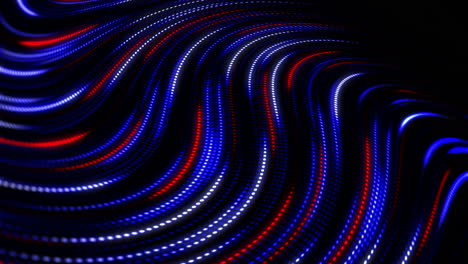Motion dark blue lines with red glowing dots. Wavy pattern. Digital technical background from round pixels. Looped animation.