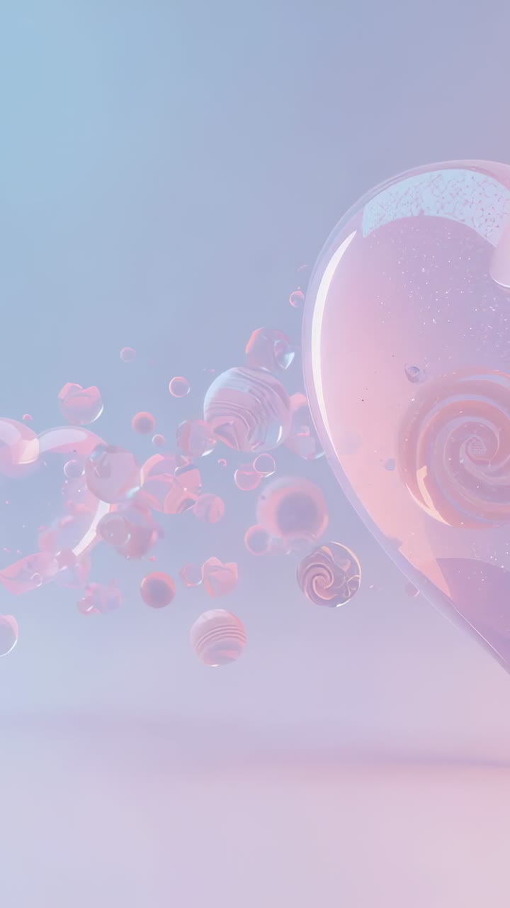 Video verticale: riproduzione, sfere e cuori che fluttuano in studio verso un grande cuore, spazio per il testo