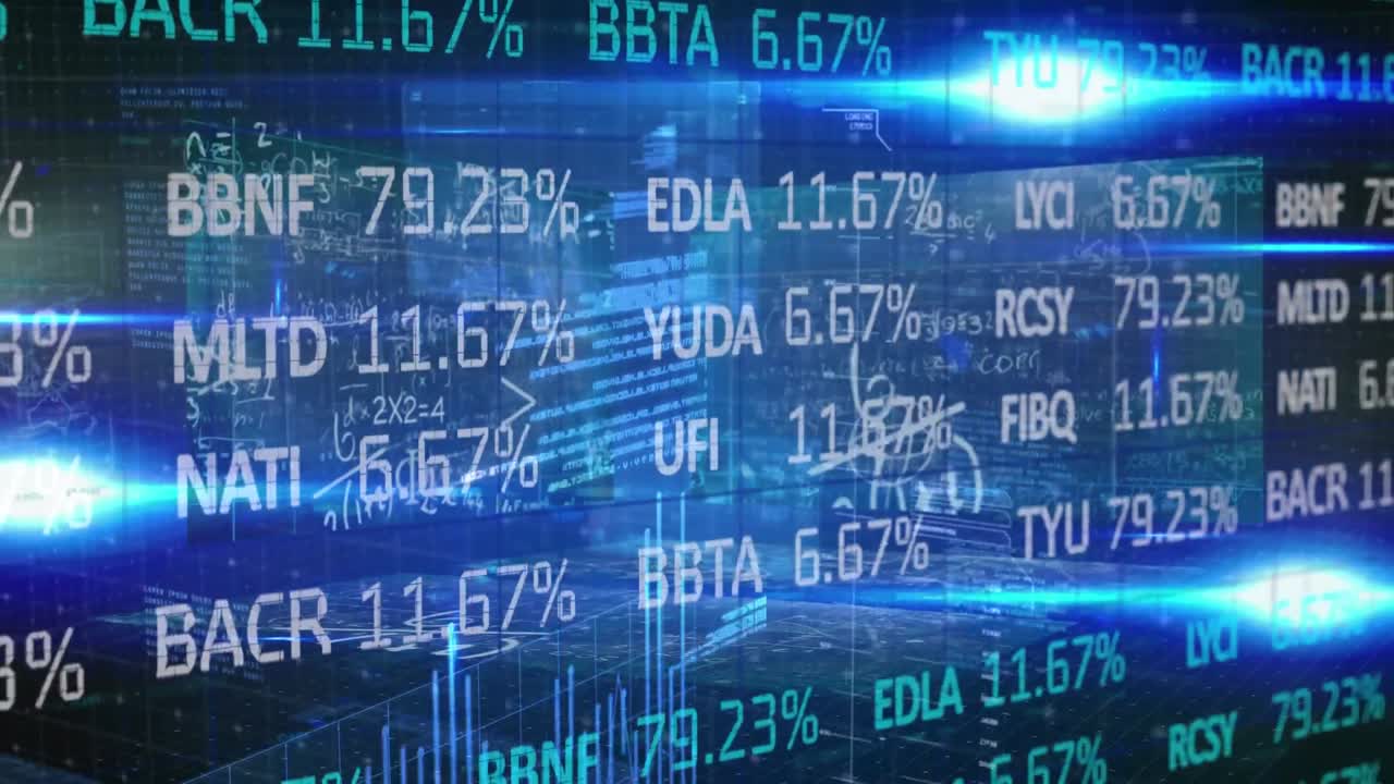 Elaborazione dati di borsa sullo sfondo di equazioni matematiche