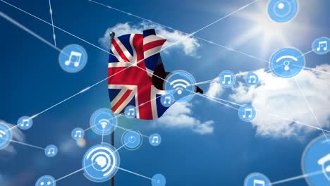 animation of network of connection and icons over uk flag and cloudy sky