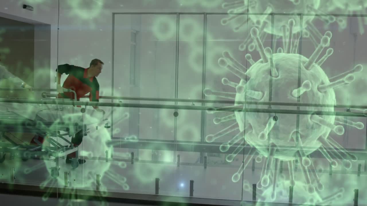 animación de las células de covid-19 sobre los médicos en el hospital