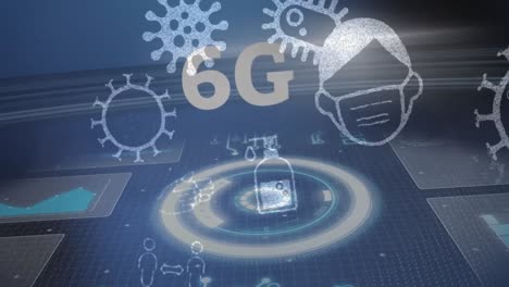 iconos de concepto de covid-19 y texto de 6g sobre escáner redondo y procesamiento de datos en fondo azul