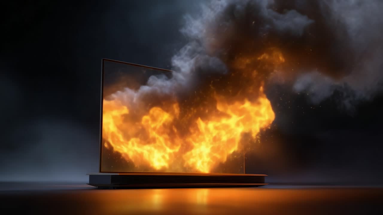 En fængslende fremvisning af ild og røg bryder frem fra en moderne skærm, der viser en kraftfuld visuel effekt af flammer og hvirvlende røgskyer i et mørkt miljø