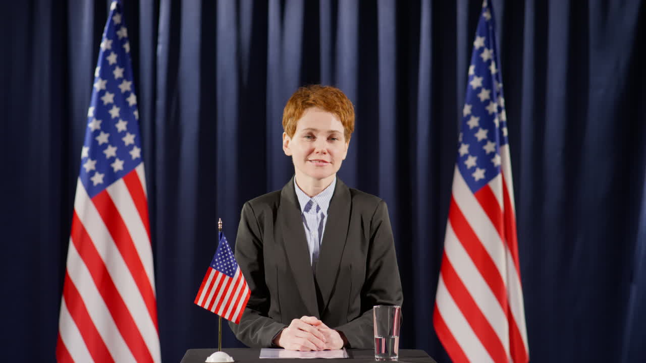 American Female Politician Giving Speech at Press Conference