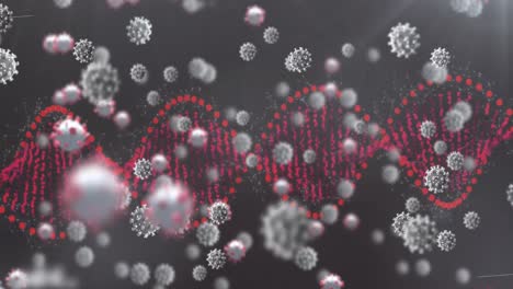 Animation-Fallender-Zellen-Und-DNA-Strang-Auf-Dunklem-Hintergrund