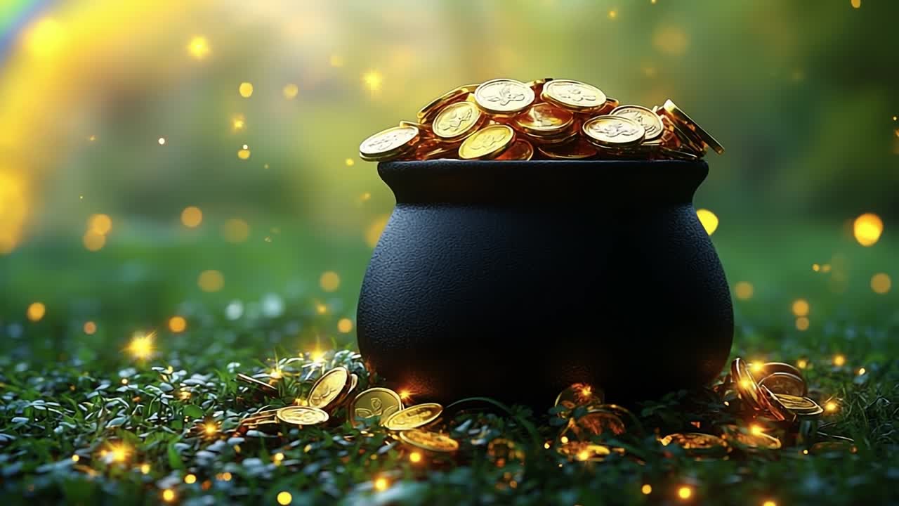 Coins spilling from a pot. A dark pot spills over with shiny gold coins, surrounded by a lush green landscape and sparkling lights.