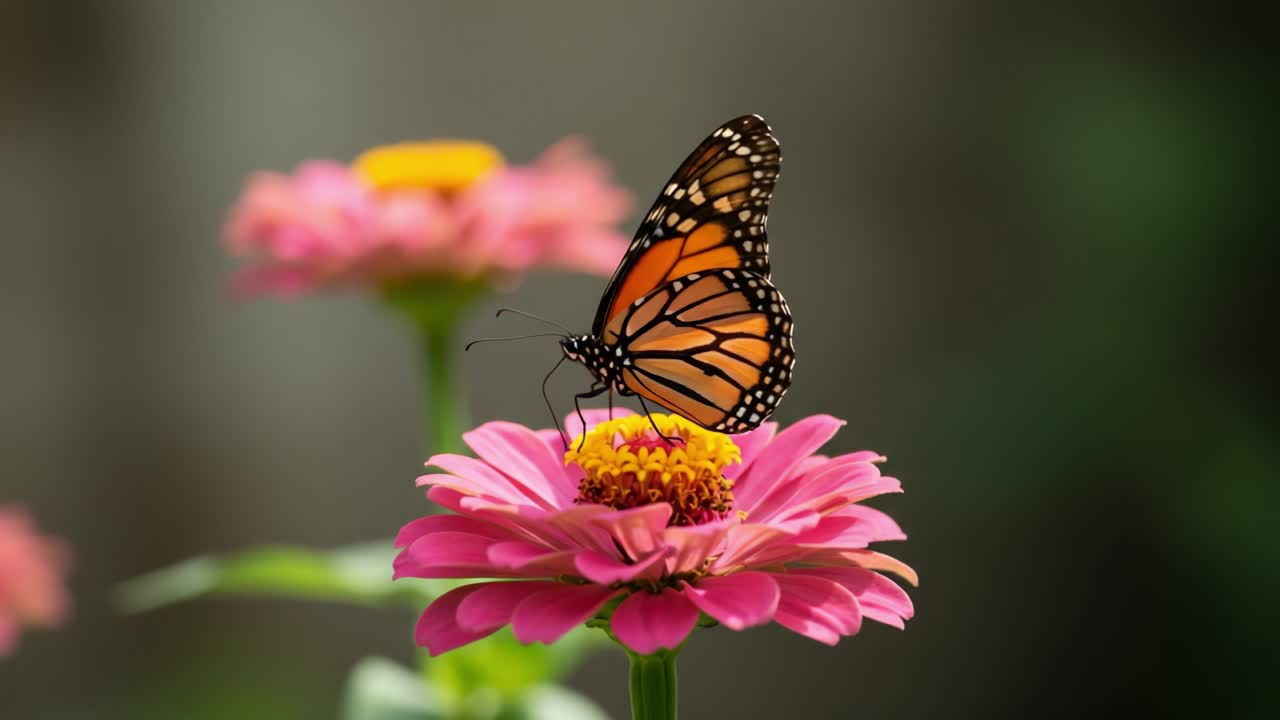 Una bellissima farfalla monarca delicatamente posata su vivaci fiori rosa, che mostra le sue splendide ali arancioni e nere in un tranquillo ambiente naturale