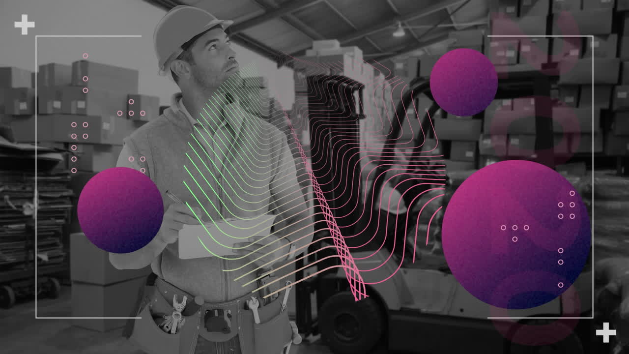 animación de formas sobre trabajador masculino caucásico en un almacén