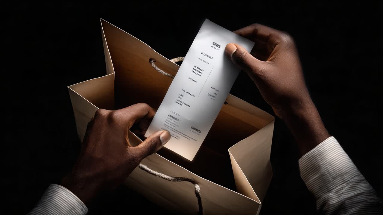 An Individual Examining a Receipt Extracted from a Shopping Bag Under Soft Lighting, Capturing the Essence of Consumerism and the Experience of Purchasing Goods