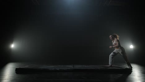 luchadores de capoeira realizando movimientos dinámicos en el escenario. artes marciales, danza y acrobacias en acción. atletas de pecho desnudo mostrando fuerza, flexibilidad y técnica bajo los reflectores