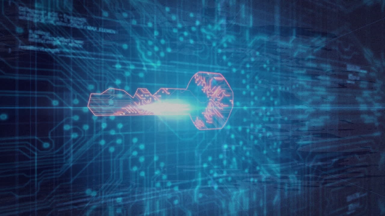 Cybersecurity concept animation, glowing key and digital grid in background