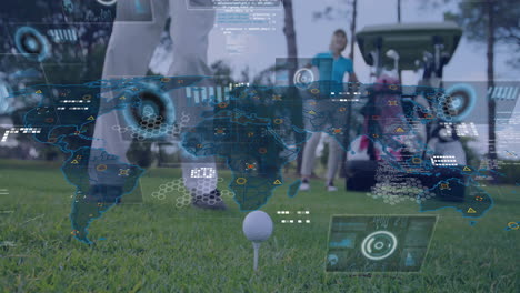 Golf ball on tee with digital world map and data overlay animation